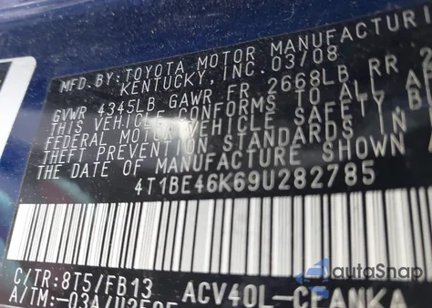 2009 Toyota Camry из США, поврежденный, VIN 4T1BE46K69U282785